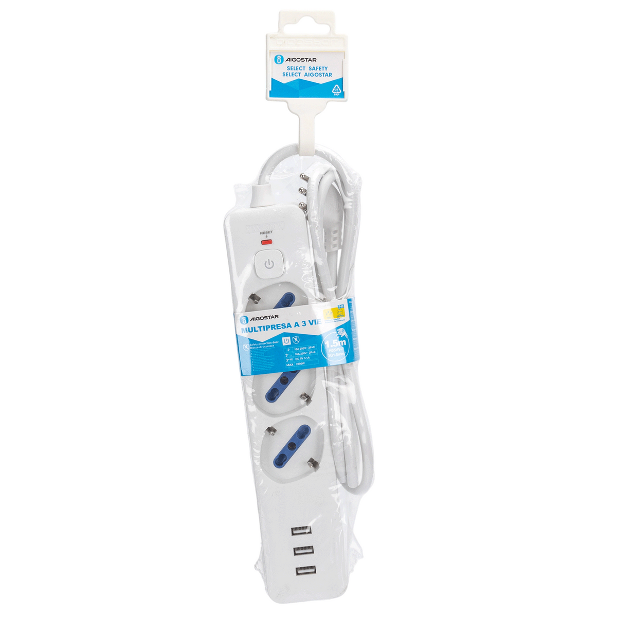 Ciabatta Multipresa 3 Posti Schuko e Bipasso + 3 USB Cavo Da 1,5 mt