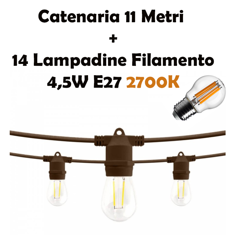 Kit Catenaria di Luci Lineare 11 Metri Completa con 14 Lampadine E27 Marrone