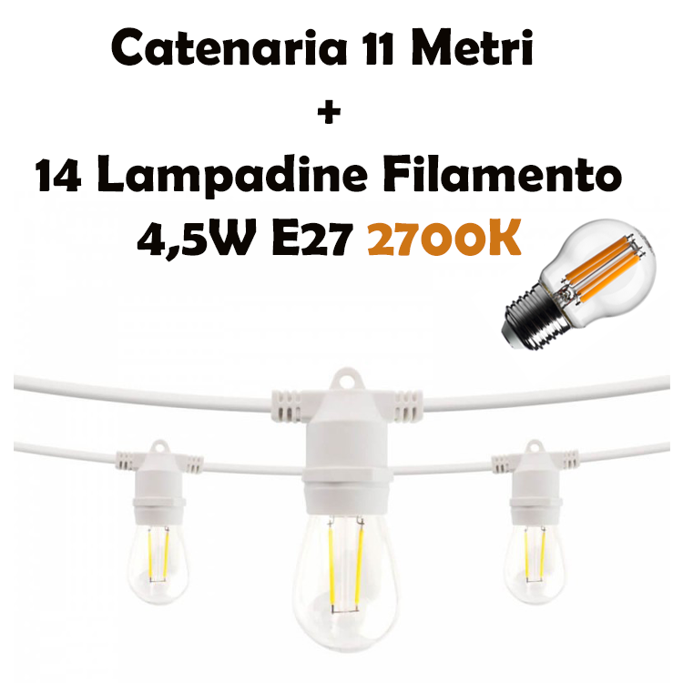Kit Catenaria di Luci Lineare 11 Metri Completa con 14 Lampadine E27 Bianca