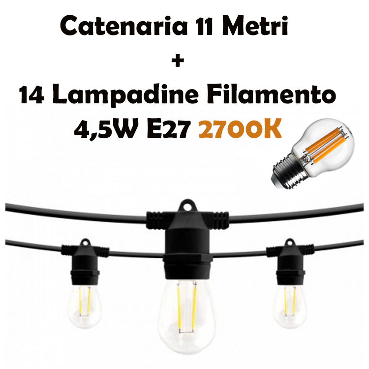 Kit Catenaria di Luci Lineare 11 Metri Completa con 14 Lampadine E27 Nera