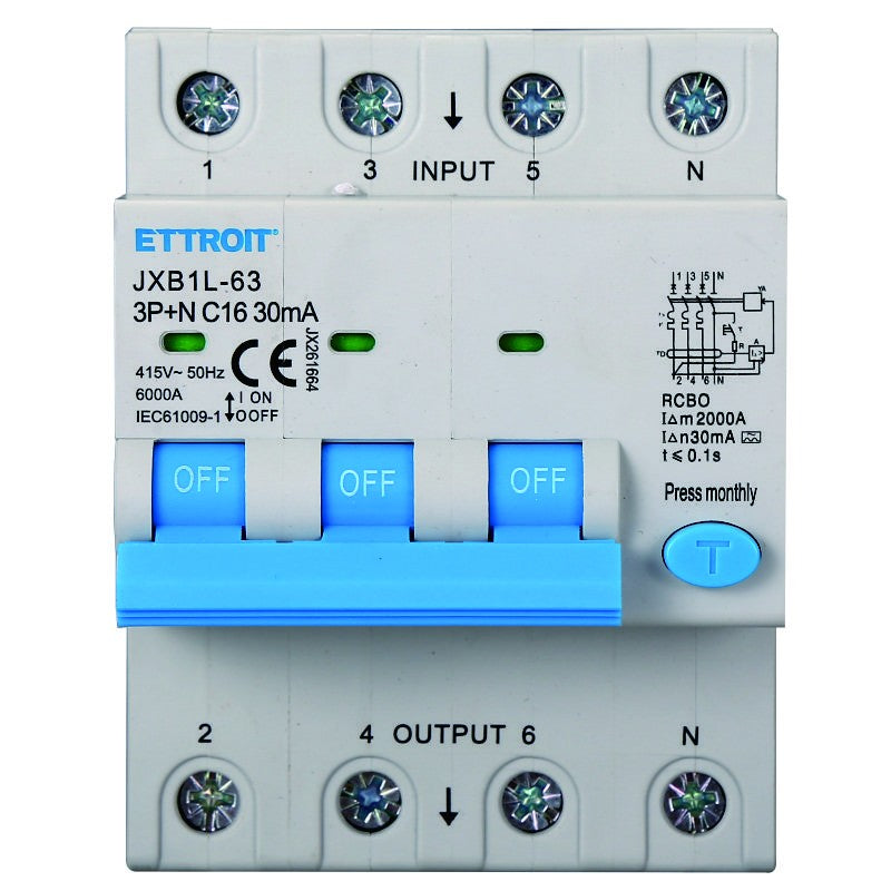 Ettroit Magnetotermico Differenziale 3P+N 16A 30mA 380V-6KA CLASSE A JX261664