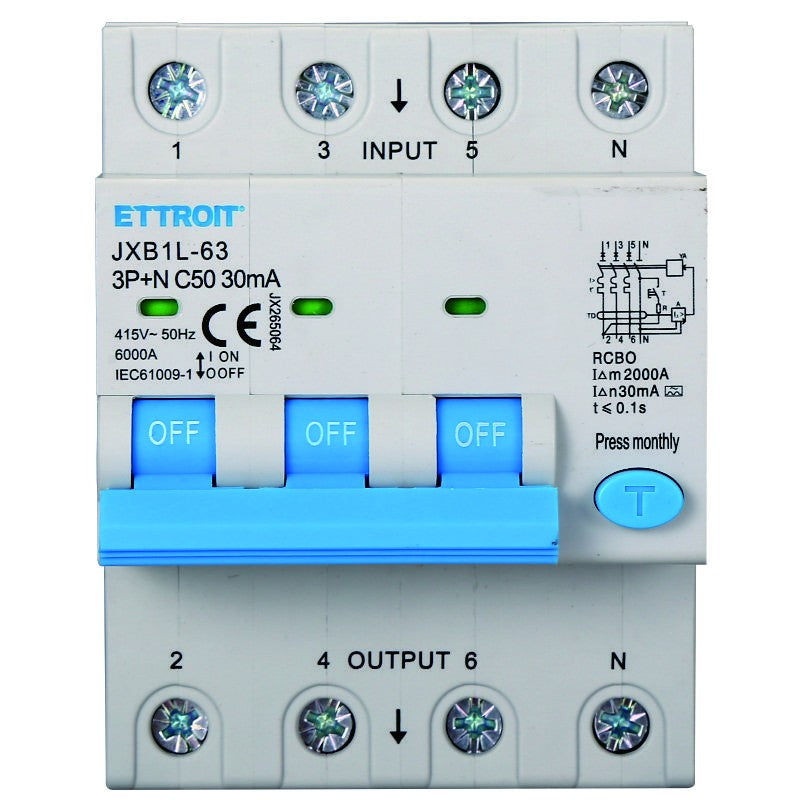 Ettroit Magnetotermico Differenziale 3P+N 50A 30mA 380V-6KA CLASSE A JX265064