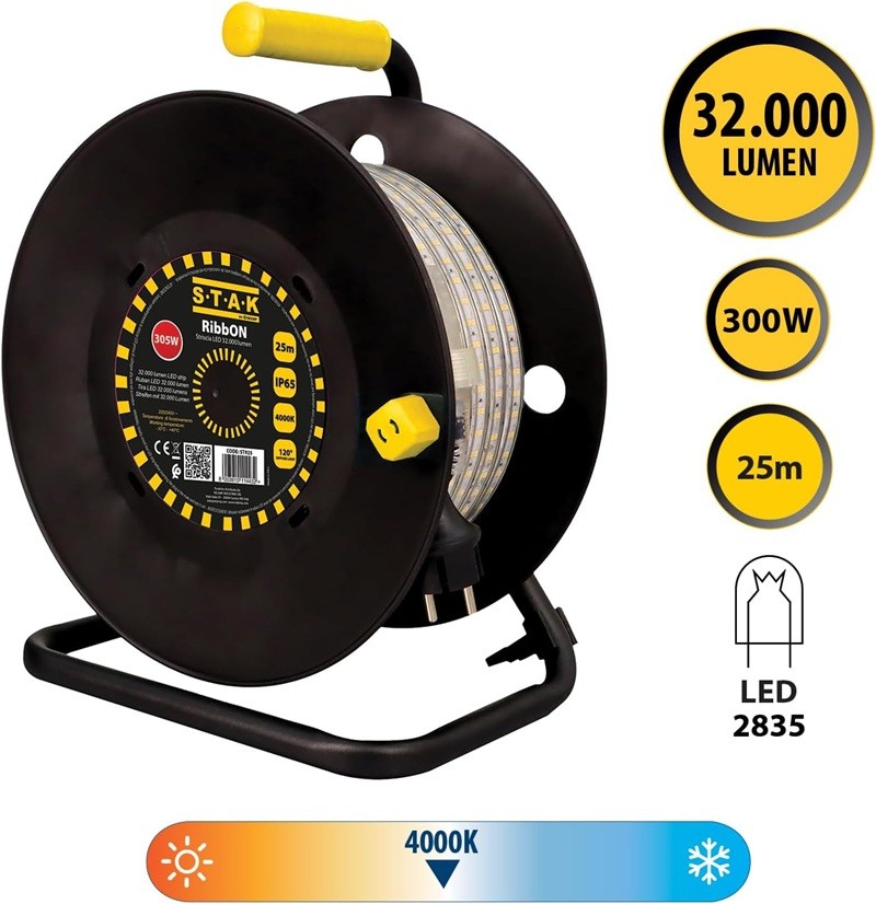 STAK RibbON Striscia LED Flex 25 Metri Luce Naturale 4000K  IP65 per Uso Professionale in Cantiere