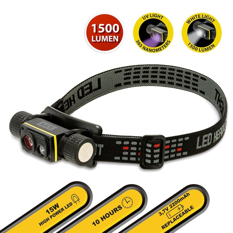 Torcia Lampada Frontale STELIOS Ricaricabile 15W 1500LM Con Luce UV 365nm e Calamita