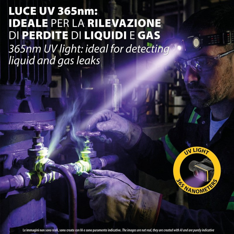Torcia Lampada Frontale STELIOS Ricaricabile 15W 1500LM Con Luce UV 365nm e Calamita