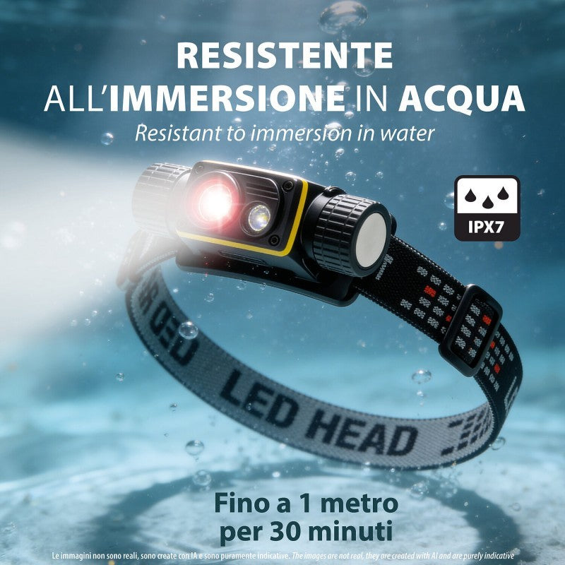 Torcia Lampada Frontale STELIOS Ricaricabile 15W 1500LM Con Luce UV 365nm e Calamita