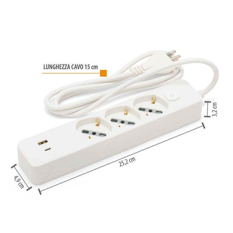 Ciabatta Multipresa 3 Posti Schuko e Bipasso + USB e Tipo C Cavo Da 1,5 mt