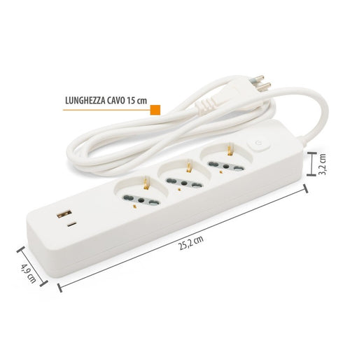 Ciabatta Multipresa 3 Posti Schuko e Bipasso + USB e Tipo C Cavo Da 1,5 mt