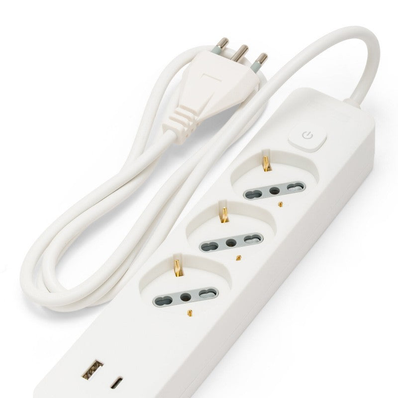 Ciabatta Multipresa 3 Posti Schuko e Bipasso + USB e Tipo C Cavo Da 1,5 mt