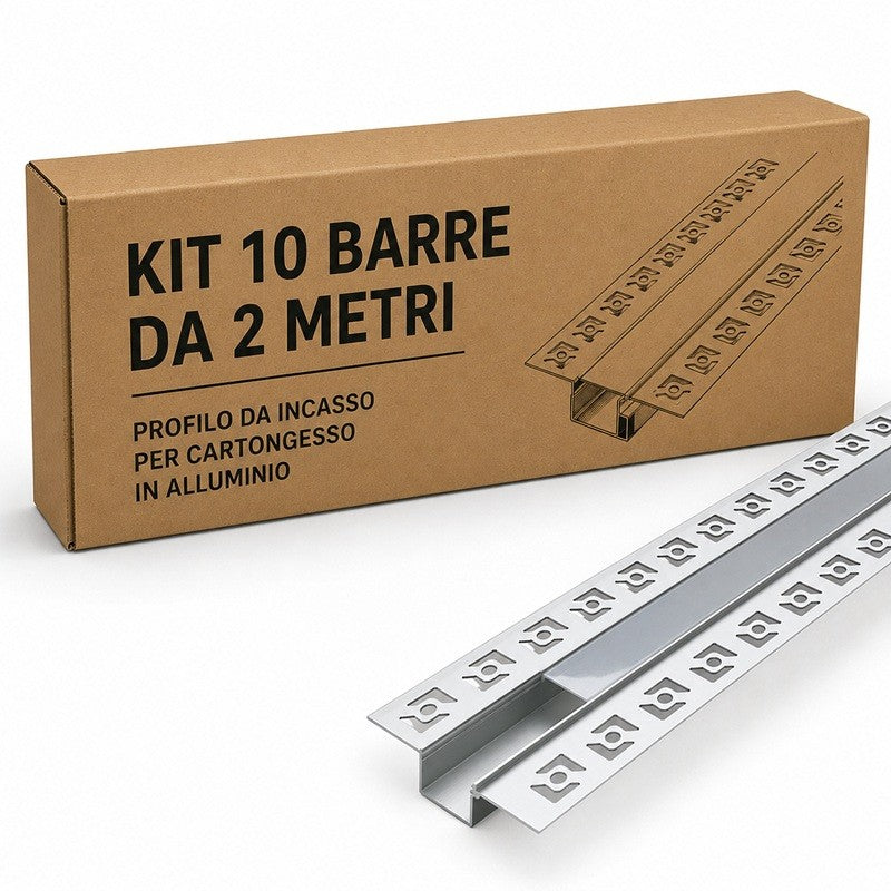 Kit 10 Barre Profilo da Incasso 2 Metri per Cartongesso Slim in Alluminio per Striscia LED