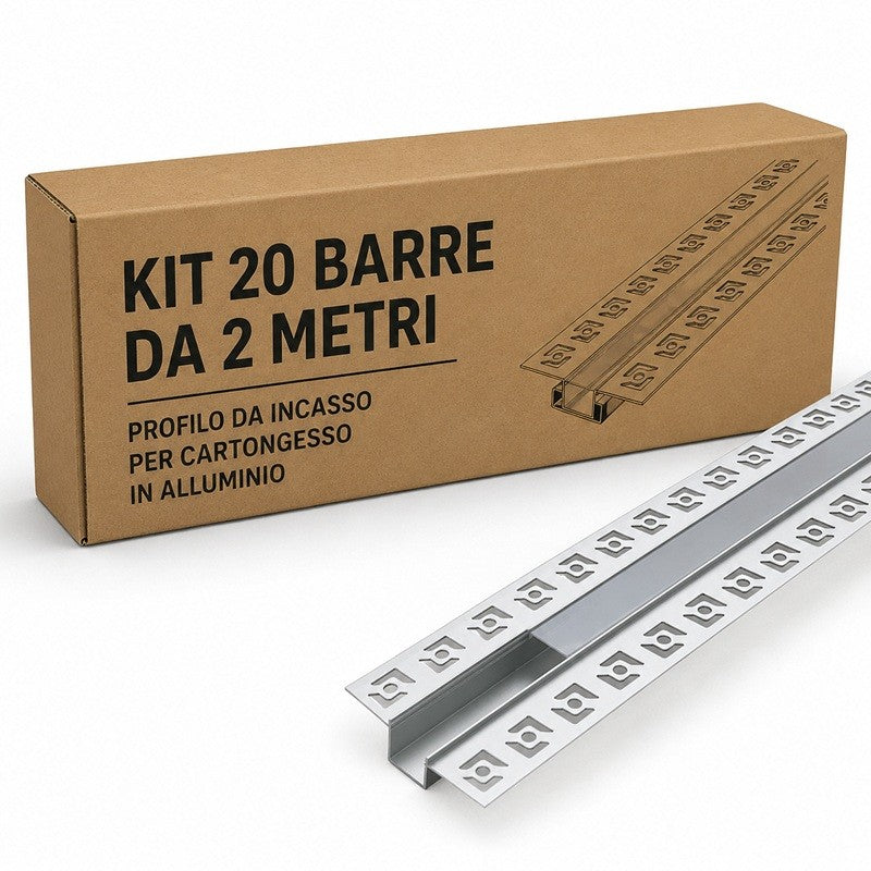 Kit 20 Barre Profilo da Incasso 2 Metri per Cartongesso Slim in Alluminio per Striscia LED