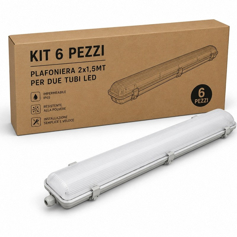 Pack 6 Pezzi Plafoniera Stagna a 2 posti per Tubi Led T8 da 1,5mt