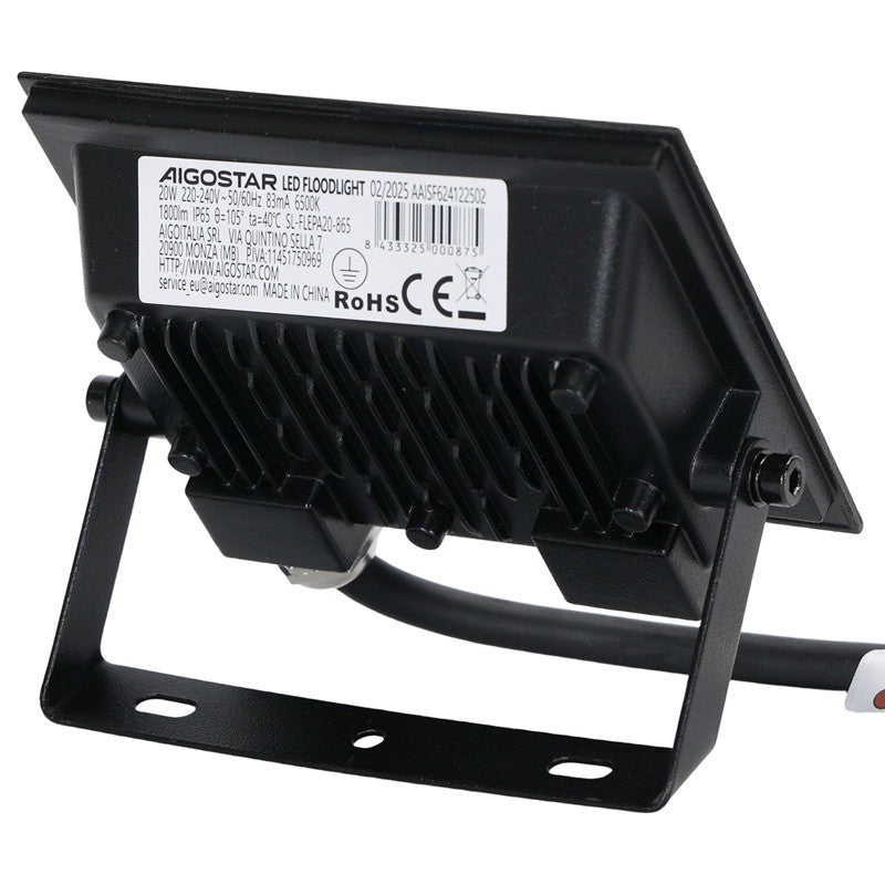Aigostar Faro LED 20W 1800LM IP65 Luce Fredda 6500K Nero Ultra-Slim