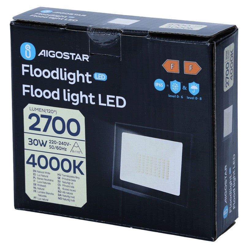 Aigostar Faro LED 30W 2700LM IP65 Luce Naturale 4000K Nero Ultra-Slim