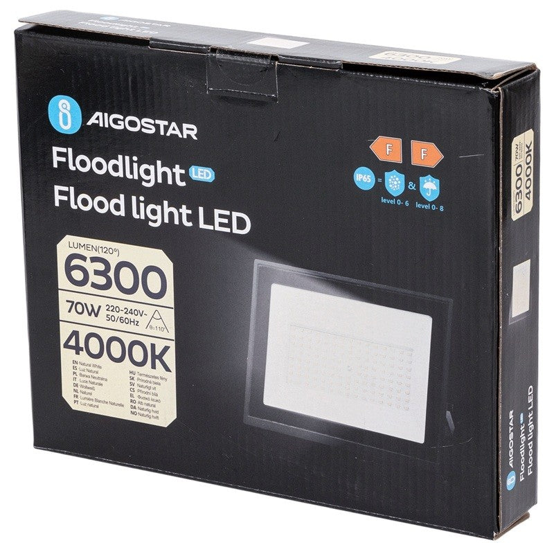 Aigostar Faro LED 70W 6300LM IP65 Luce Naturale 4000K Nero Ultra-Slim