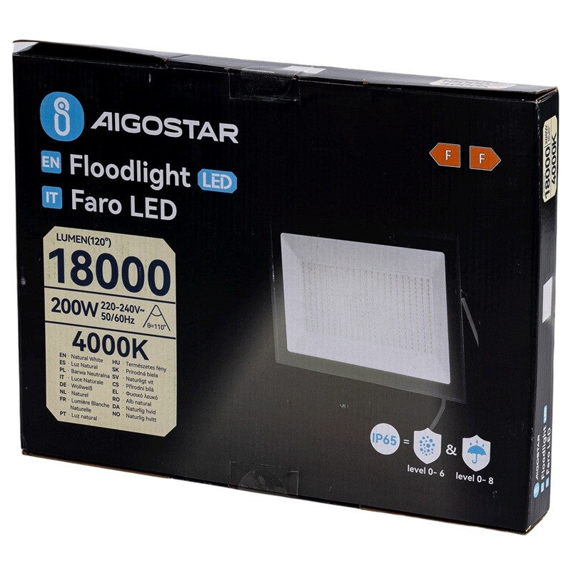 Aigostar Faro LED 200W 18000LM IP65 Luce Naturale 4000K Nero Ultra-Slim