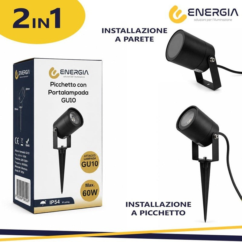 Faretto 2 in 1 Parete e Picchetto Orientabile IP54 Lampada GU1O Nero
