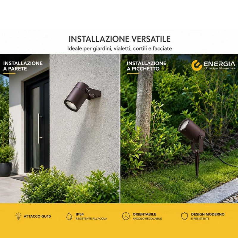 Faretto 2 in 1 Parete e Picchetto Orientabile IP54 Lampada GU1O Corten