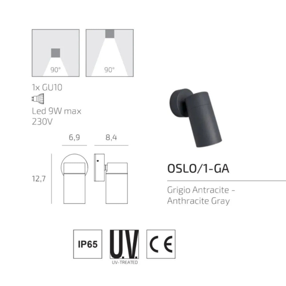 Applique Proiettore Moderna Top Light OSLO 1 GA GU10 LED IP65 Orientabile Alluminio Vetro