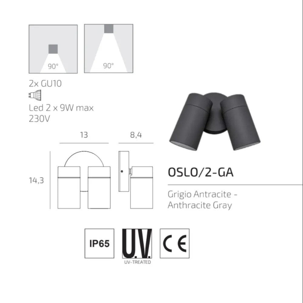 Applique Moderna Top Light OSLO 2 GA GU10 LED IP65 Orientabile Alluminio e Vetro