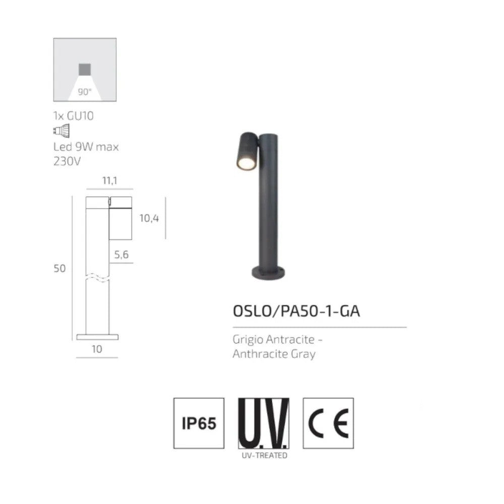 Lampione Paletto Moderno Top Light OSLO PA50 PA80 1 GA GU10 LED IP65 Orientabile Alluminio 50-80cm