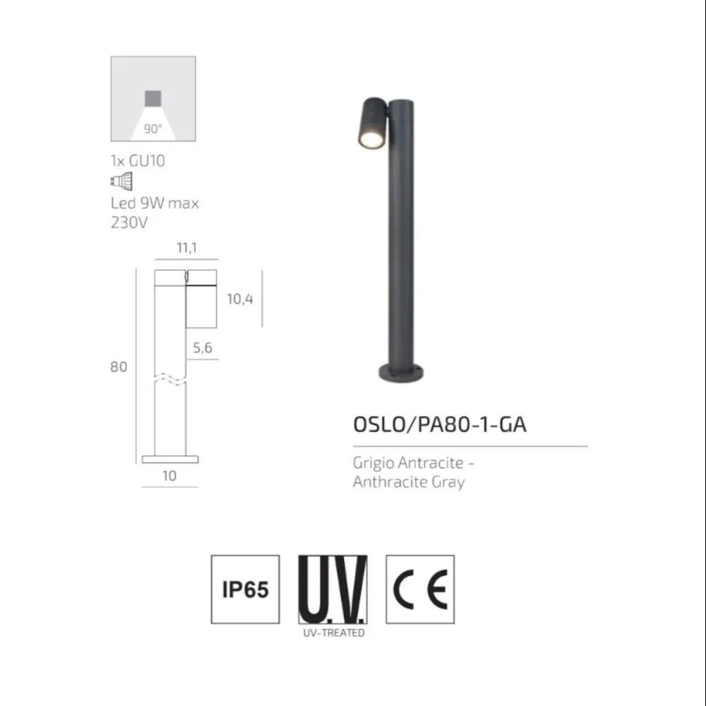 Lampione Paletto Moderno Top Light OSLO PA50 PA80 1 GA GU10 LED IP65 Orientabile Alluminio 50-80cm