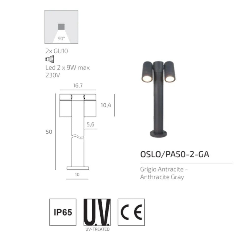Lampione Paletto Moderno Top Light OSLO PA50 PA80 2 GA GU10 LED IP65 Orientabile Alluminio 50-80cm