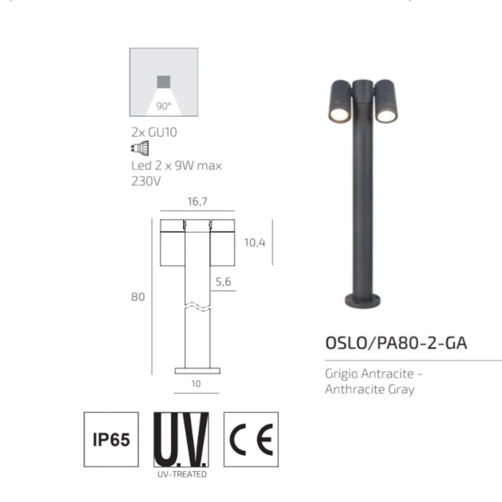 Lampione Paletto Moderno Top Light OSLO PA50 PA80 2 GA GU10 LED IP65 Orientabile Alluminio 50-80cm
